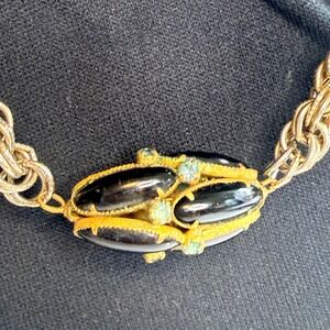 Vintage Gold Tone Rope Chain Necklace Black Cabochon Blue Rhinestone No Clasp